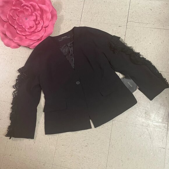 ZARA BASIC Blazer Womens Sz Large Black Ruffle Sleeve Fully Lined NO BELT - Picture 4 of 13